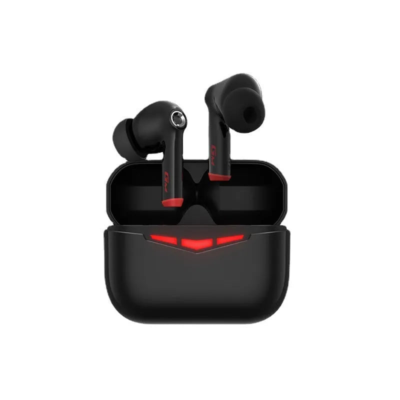 True wireless Bluetooth gaming headset in black, pink, white, or grey with charging case and three ear tip sizes.