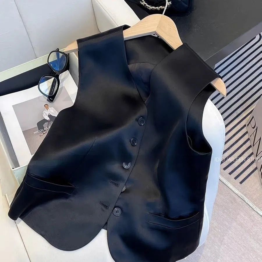 Black satin sleeveless vest for women with a loose fit and normal length.
