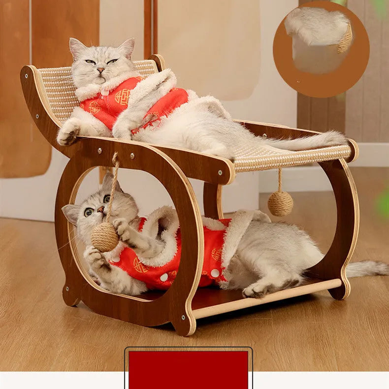 Solid wood cat scratching bed with sisal mat surface in walnut wood colour finish