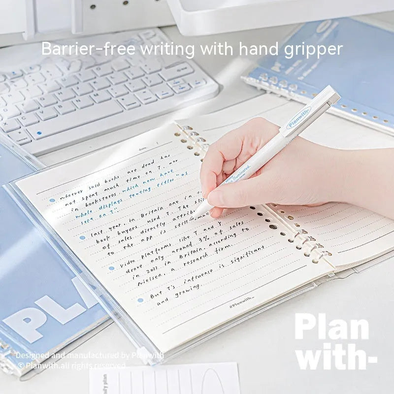 Clear A5 PVC spiral binder organiser for loose papers, shown in blue and white colour options.