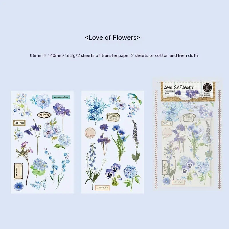 Huazhisen forest art sticker pack showing transfer paper and cotton linen sheets with literary style designs