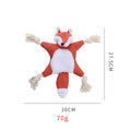 Brown fox-shaped plush dog toy with squeaker, crinkle paper, and cotton ropes in limbs.