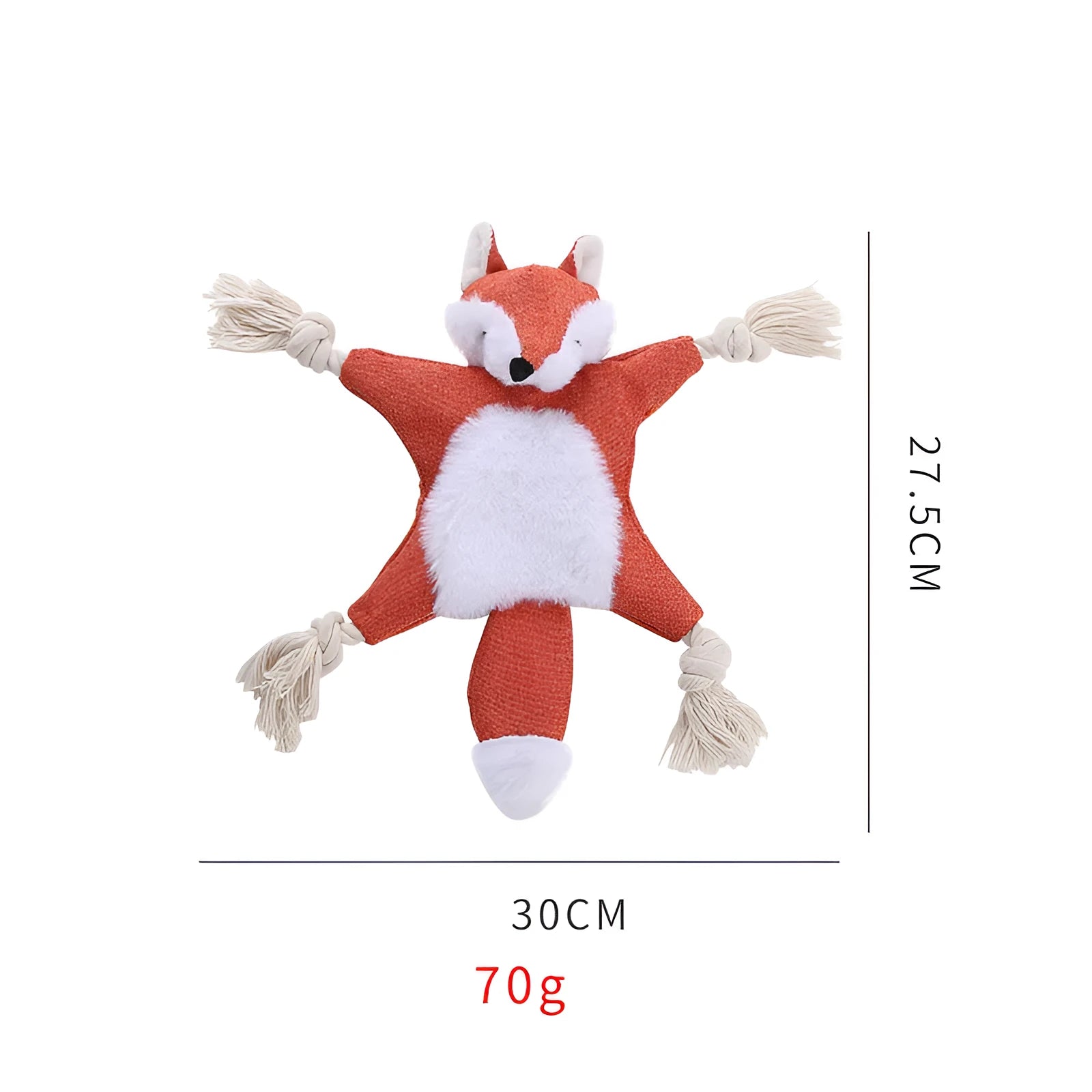 Brown fox-shaped plush dog toy with squeaker, crinkle paper, and cotton ropes in limbs.