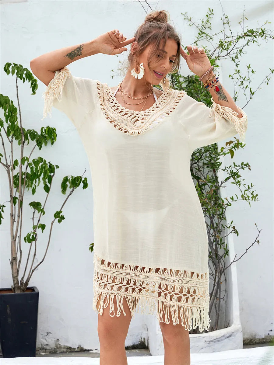 Hand-crocheted women's beach dress in apricot colour with free size fit
