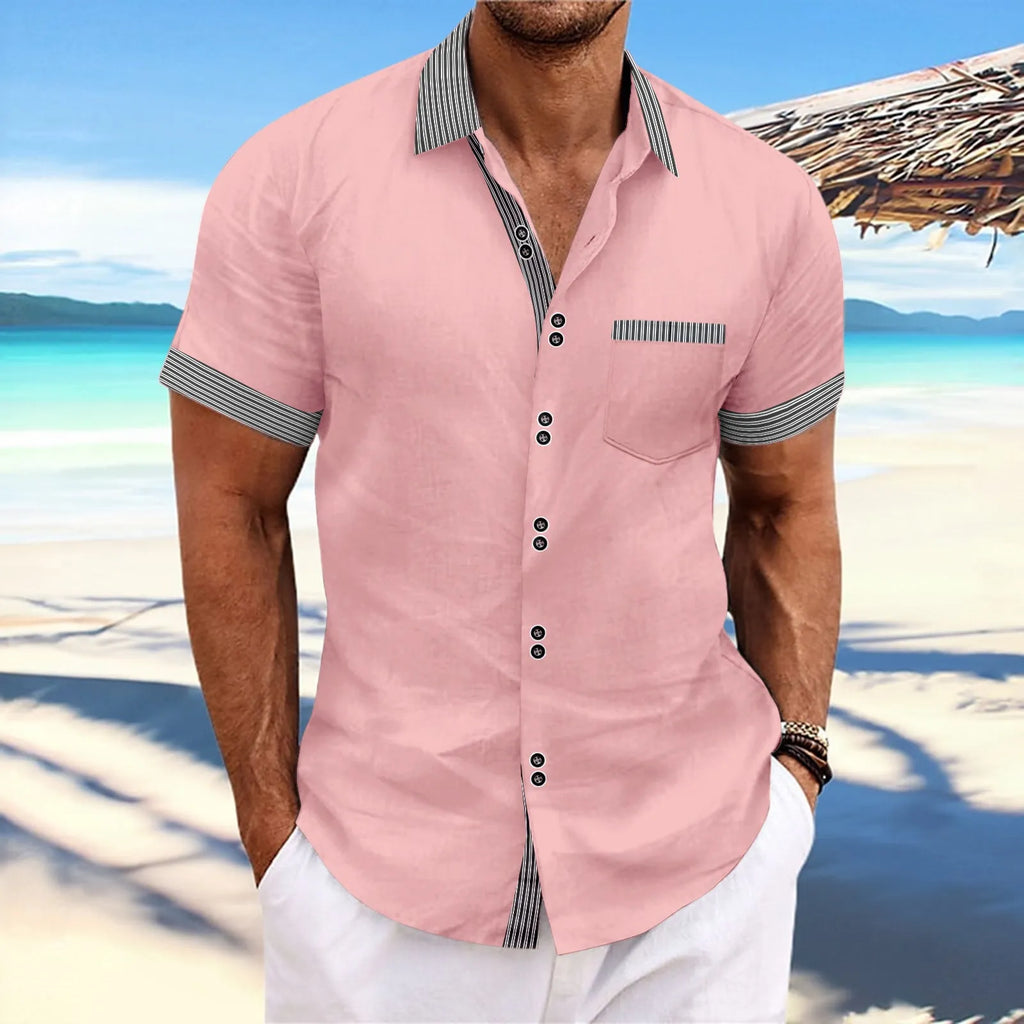 Men's striped double button short sleeve casual shirt in pure cotton fabric