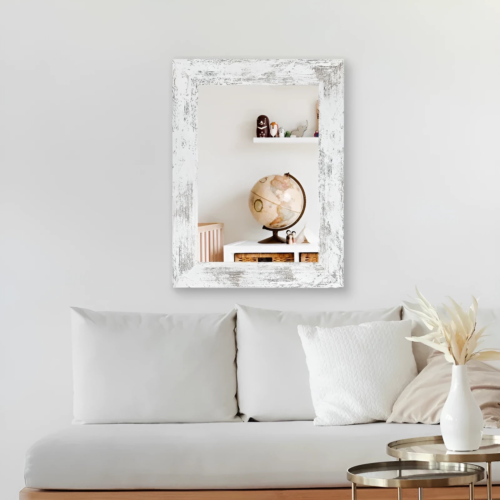 Wall-mounted rectangular mirror with a Little White MDF frame in retro Chinese style.