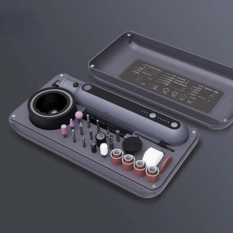 Compact handheld electric grinding set with multiple attachments for polishing, cutting, carving and drilling.