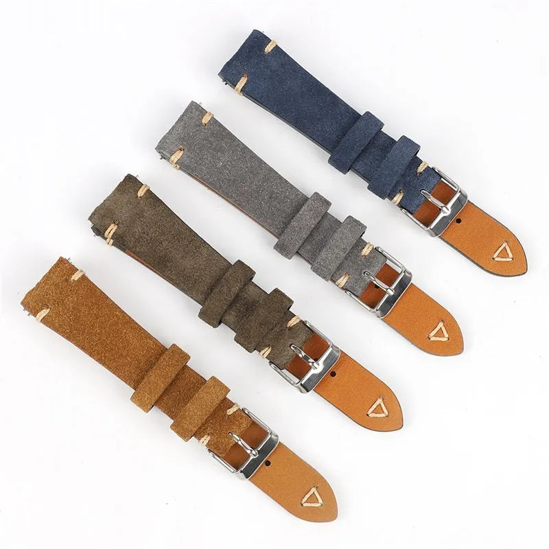 Brown suede leather watch strap showing small waist design and textured surface