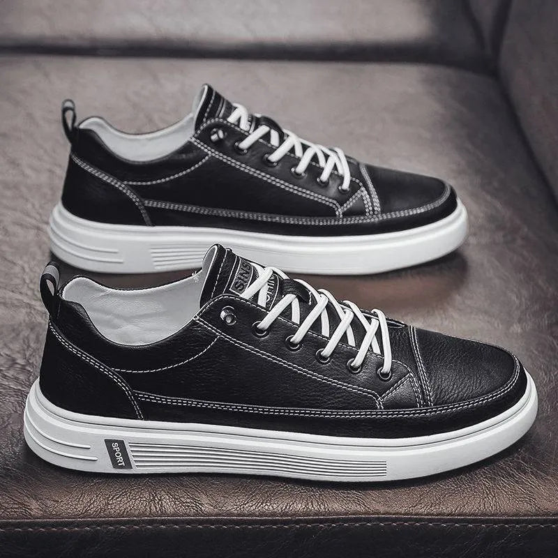 Men's white casual shoes with PU upper, flat sole, and round toe on a plain background.