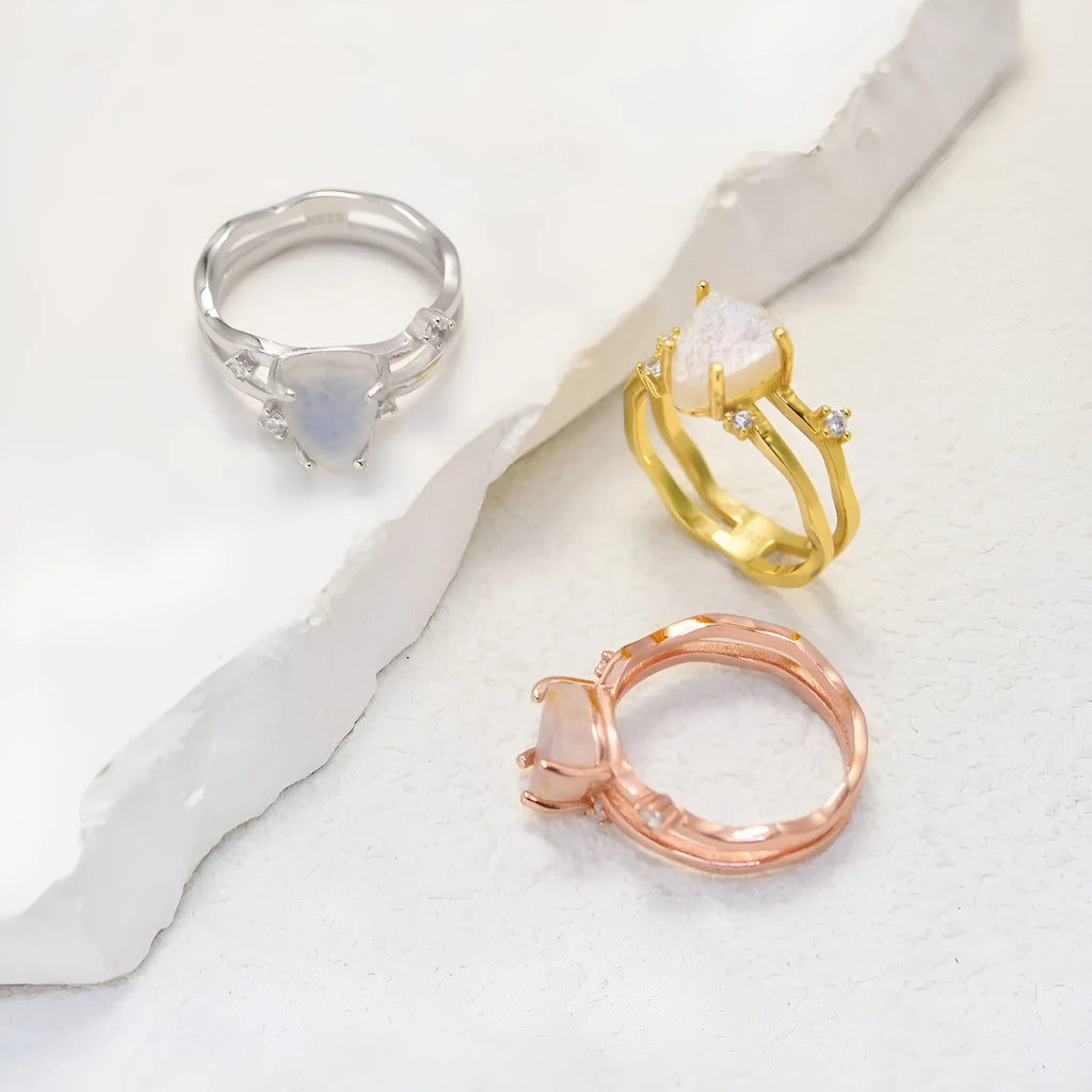 S925 silver geometric ring with triangular moonstone setting in rose gold, white gold or yellow gold finish