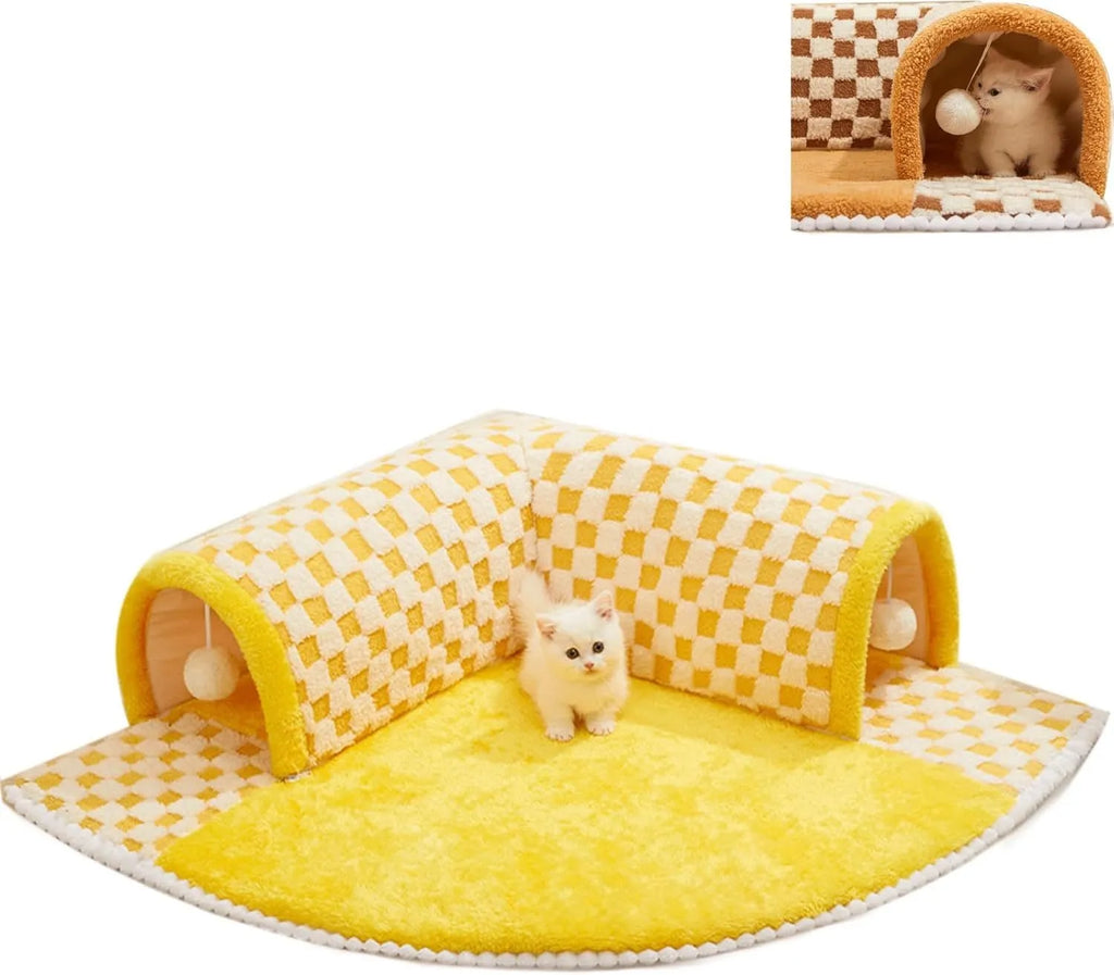 Brown plush plaid cat tunnel bed with central mat, showing collapsible tube and non-slip bottom