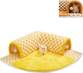 Brown plush plaid cat tunnel bed with central mat, showing collapsible tube and non-slip bottom