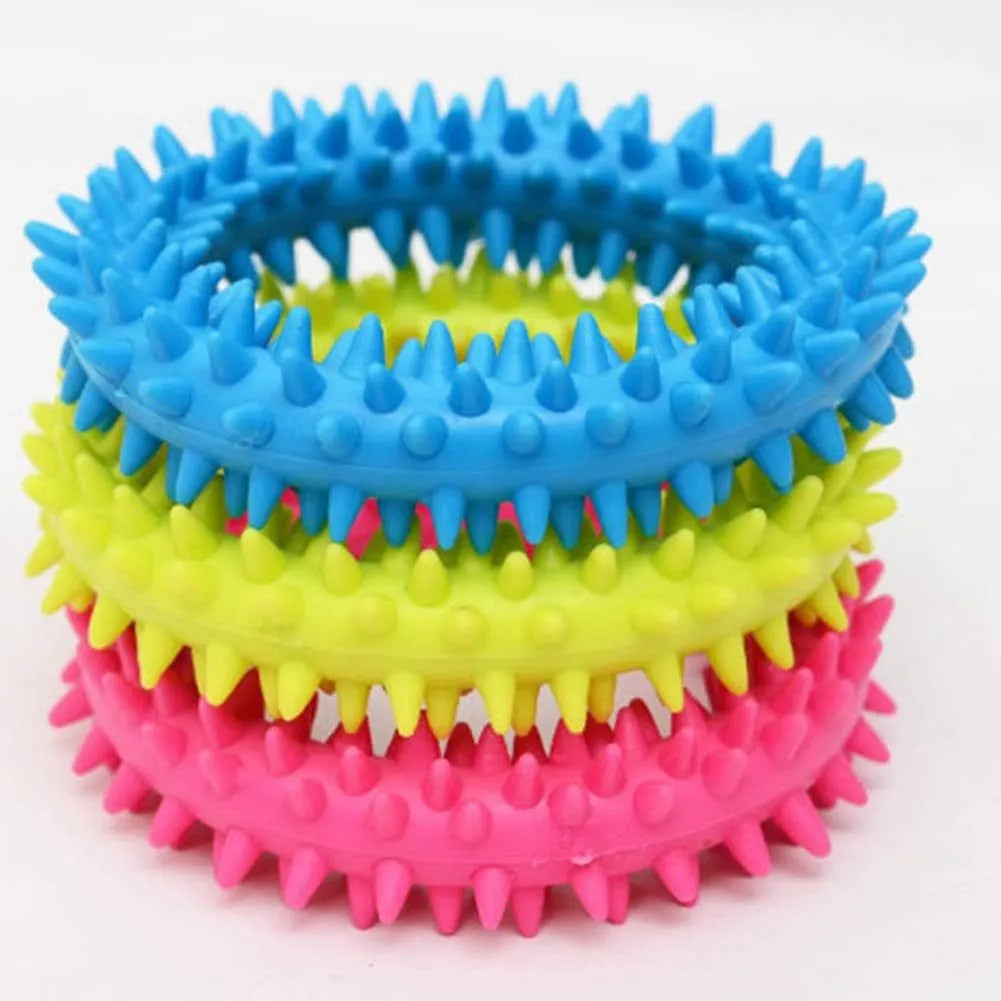 9.5cm diameter TPR dog chew toy with spiked dental cleaning nubs in multiple colours
