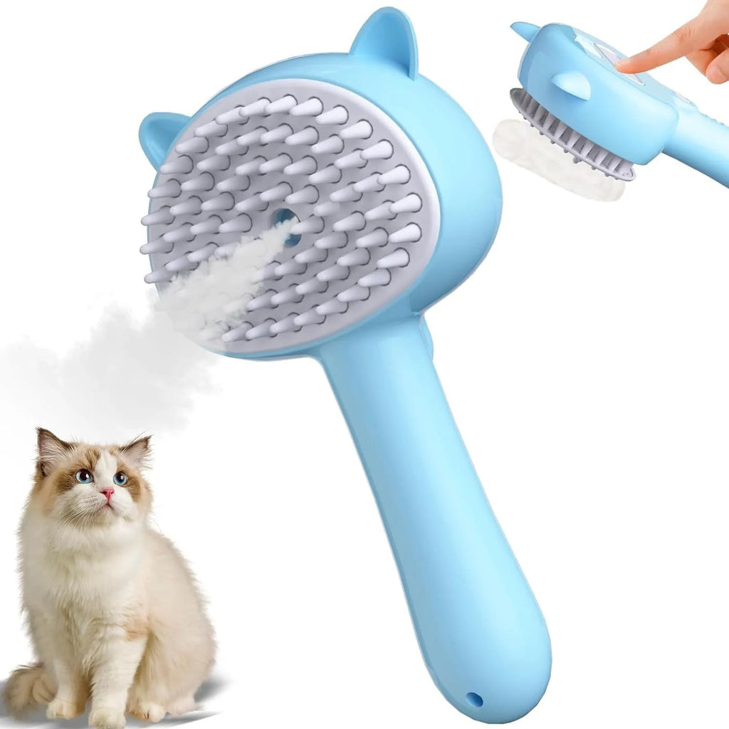 Blue 4-in-1 cat steam brush with soft rubber bristles and a one-click hair release button, shown with ergonomic handle.