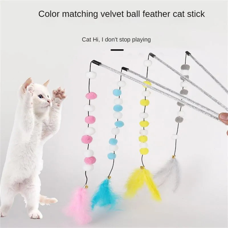 31cm long cat teaser toy rod with bell and colourful pompon feather attachments