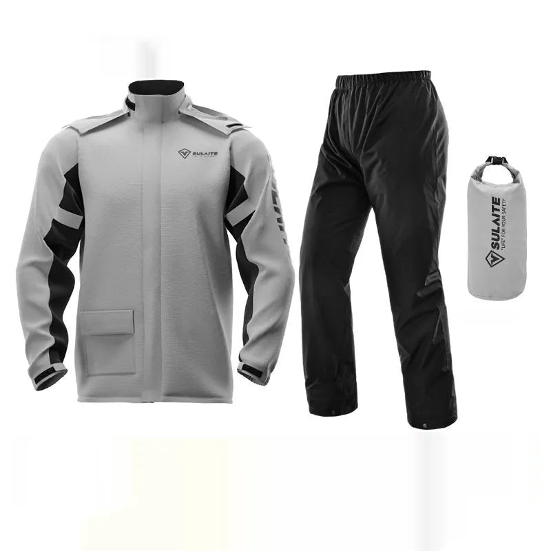 Adult motorcycle raincoat and rain pants suit set with shoe covers and storage bag.