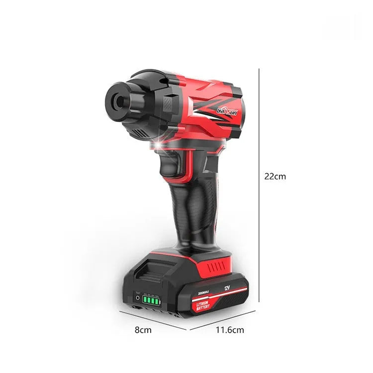Red and black portable car air pump with digital display, power cable, and multiple nozzle attachments