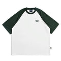 Blue Japanese-style loose men's t-shirt with raglan sleeves on a hanger