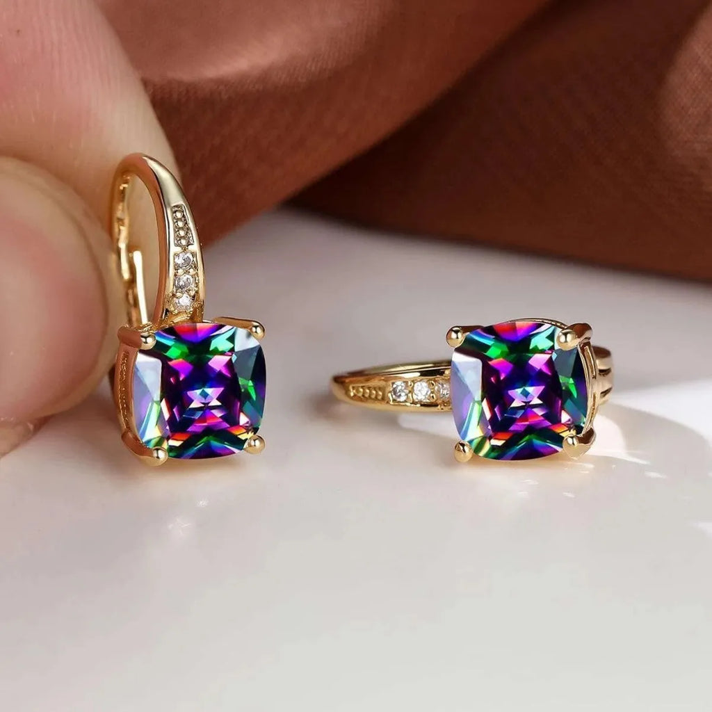 Square geometric ear clip with colourful moissanite stones in gold electroplated finish
