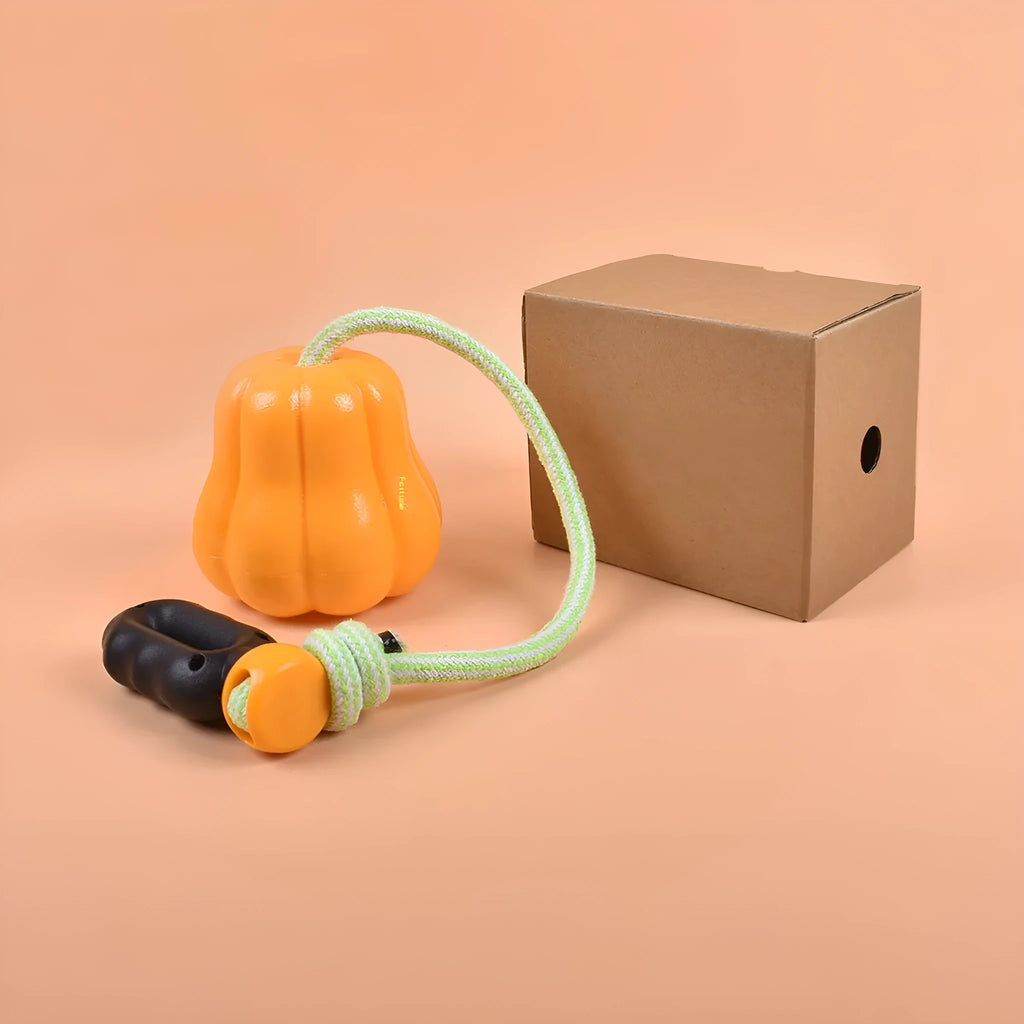Orange plastic pumpkin dog toy with a bite molar texture and a rope attached for throwing.