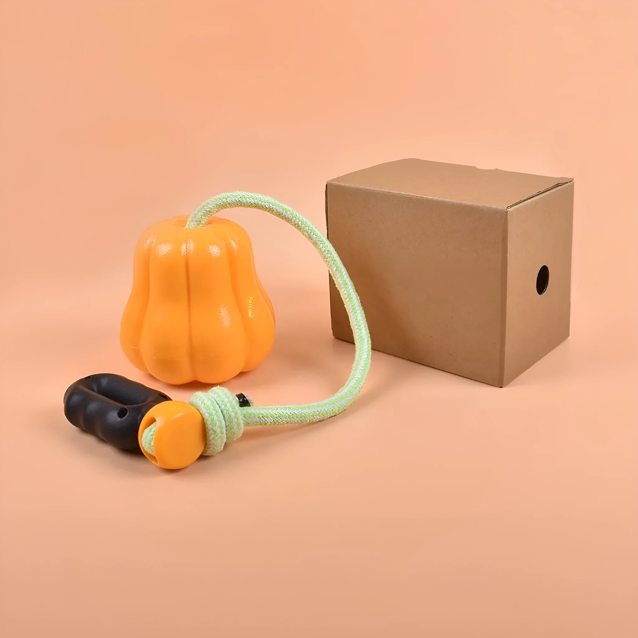 Orange plastic pumpkin dog toy with a bite molar texture and a rope attached for throwing.