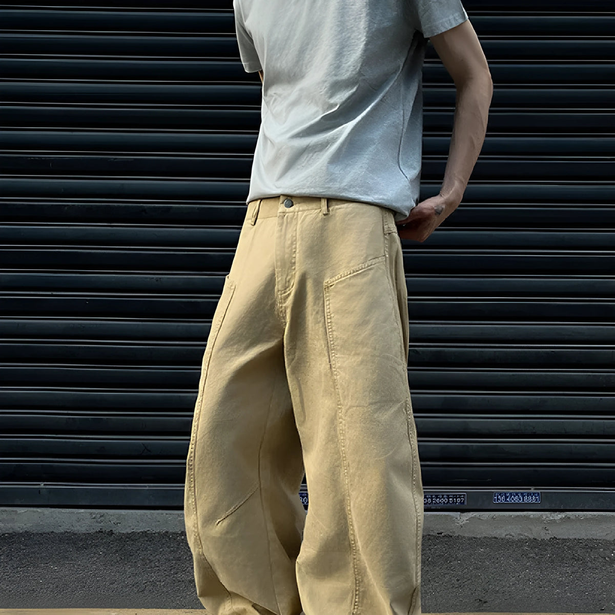 Men's khaki cotton straight leg casual trousers on a white background