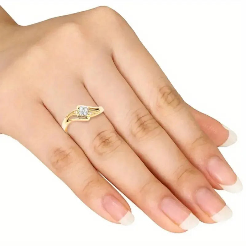 Yellow gold diamond shape copper ring with micro inlaid zircon geometric ornamentation showing line and quadrangle patterns