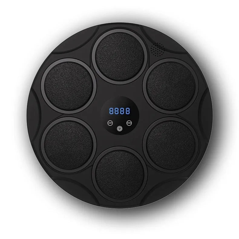 Black wall-mounted smart boxing target with coloured LED lights and Bluetooth connectivity for fitness training