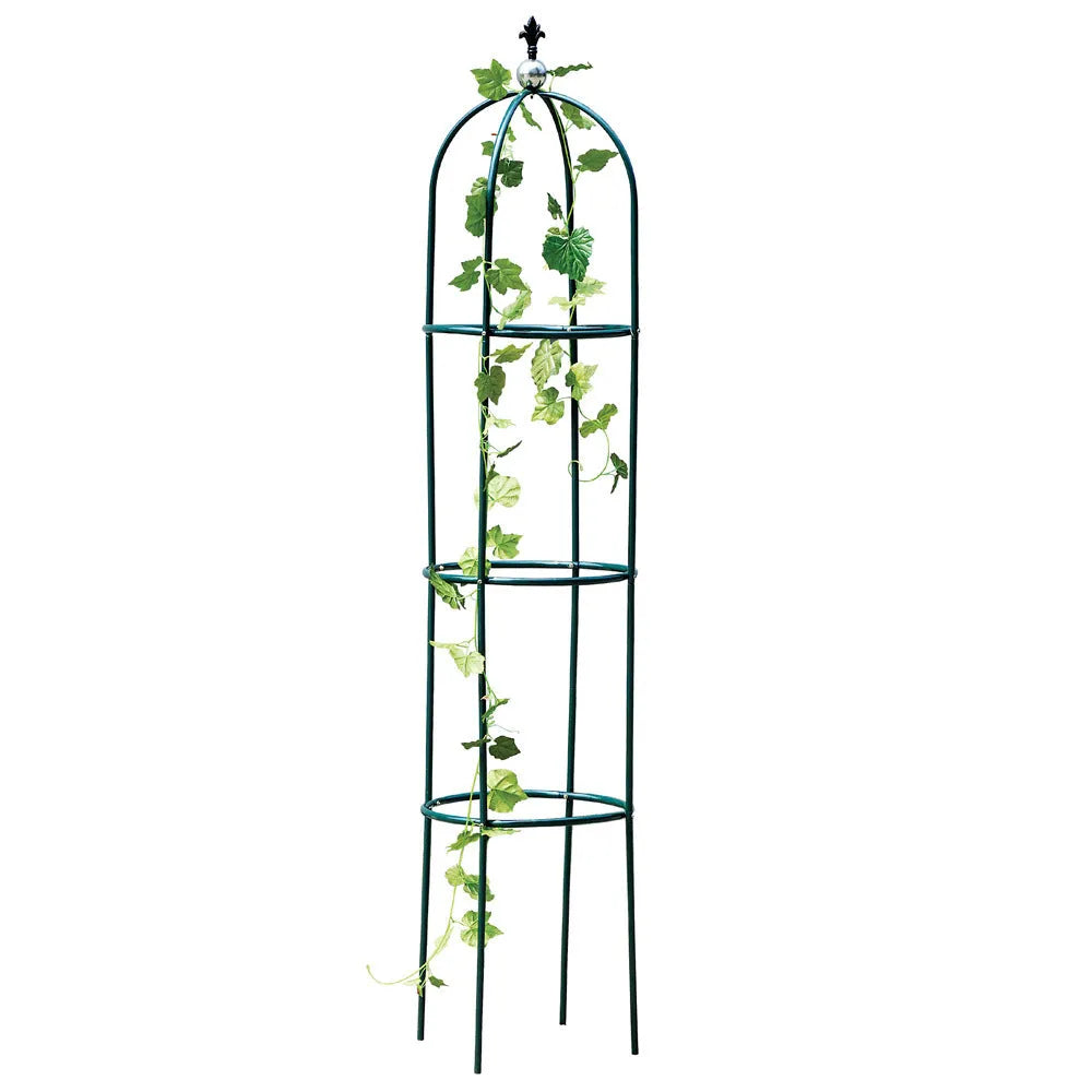Dark green European-style wrought iron plant climbing frame lattice standing on floor.