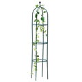 Dark green European-style wrought iron plant climbing frame lattice standing on floor.