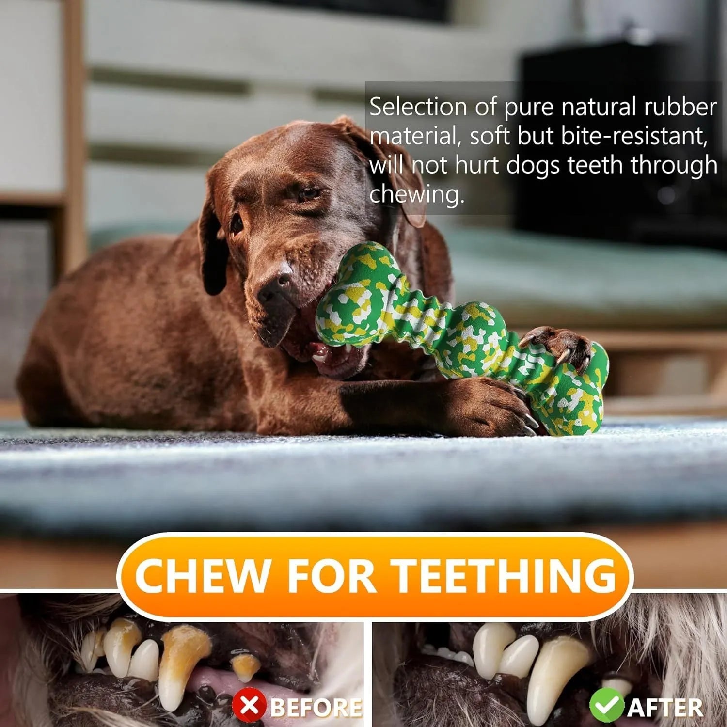 Natural rubber dog chew toy with camouflage pattern for large breed aggressive chewers in green, white, and yellow colours