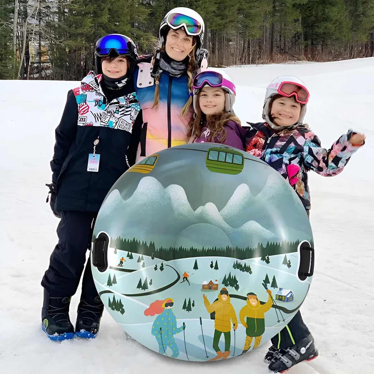 PVC ski ring toy for winter snow play in flame red, ice-snow blue, or snow mountain printed design.