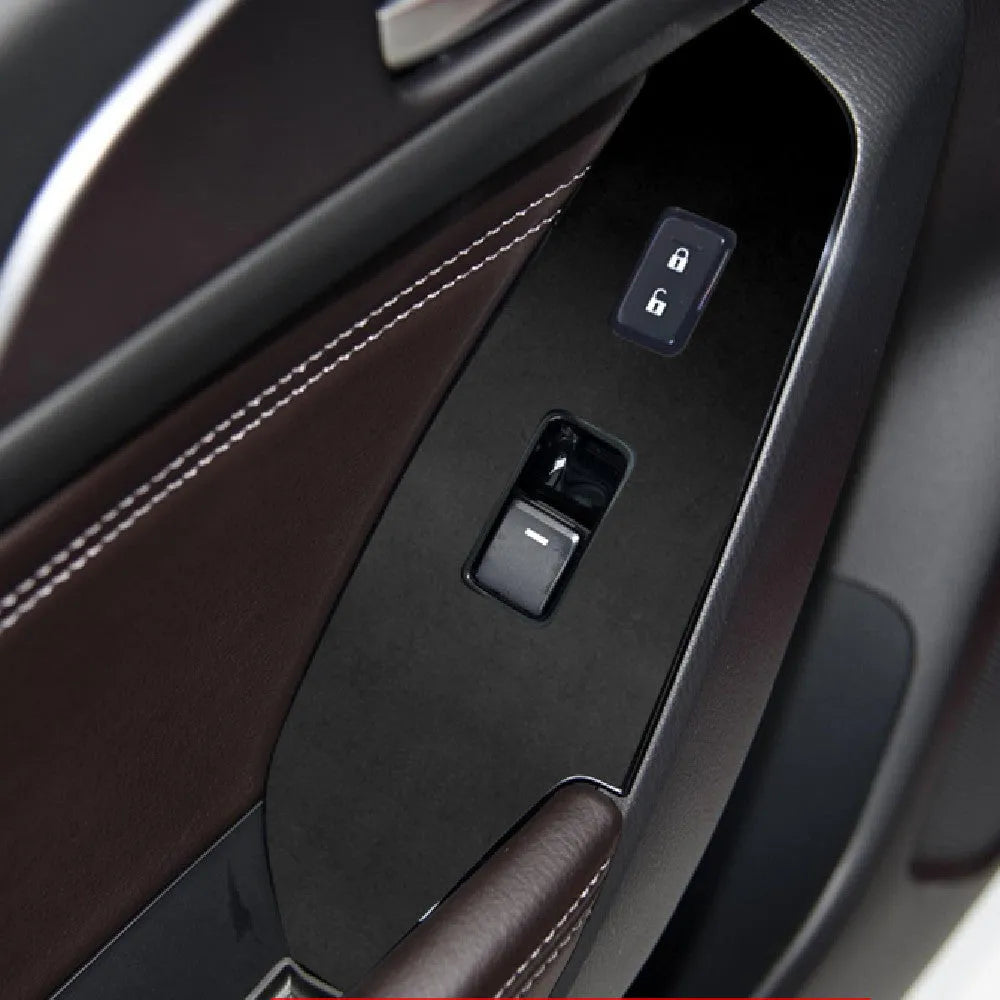 Four TPU protective films for a 14-19 car door control panel, showing transparent and black finish options.