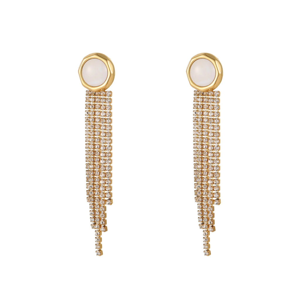 Stainless steel earrings with diamond tassel and heart shapes in 18K gold electroplated finish