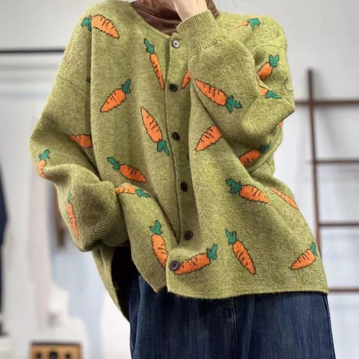 Mori artistic printing colour contrast cardigan sweater in loose free size fit