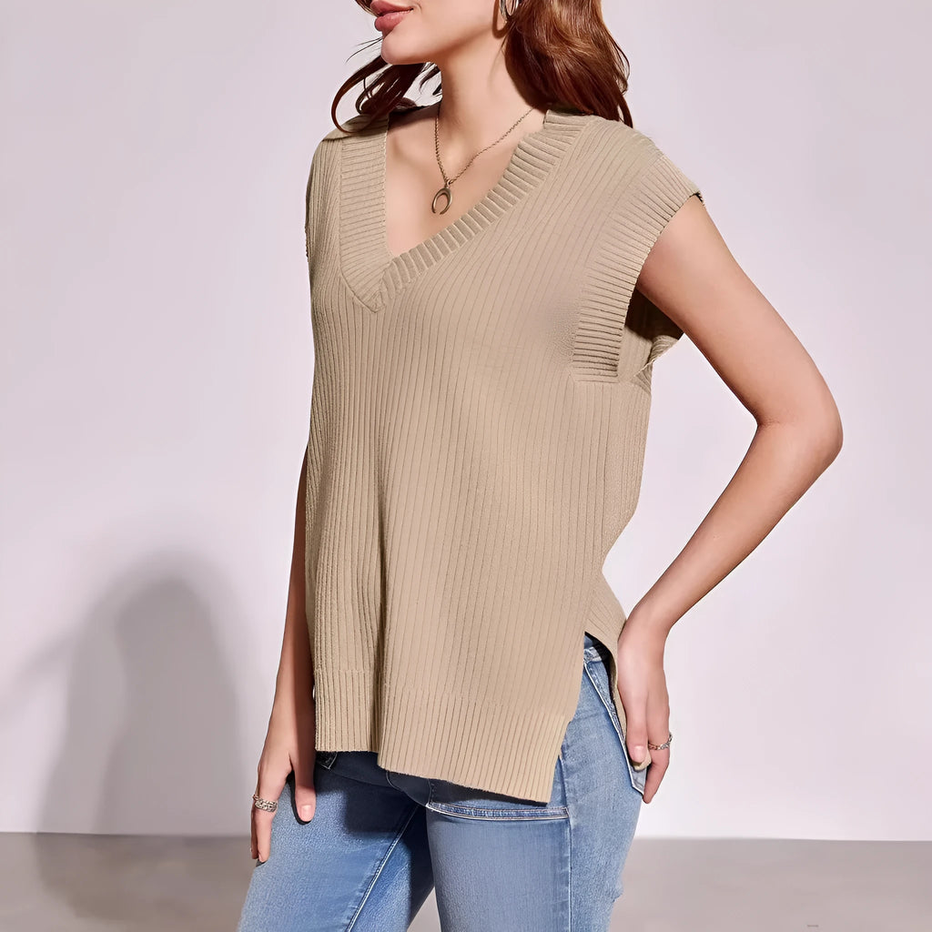 Women's V-neck sleeveless pullover vest in loose fit camel colour viscose fabric