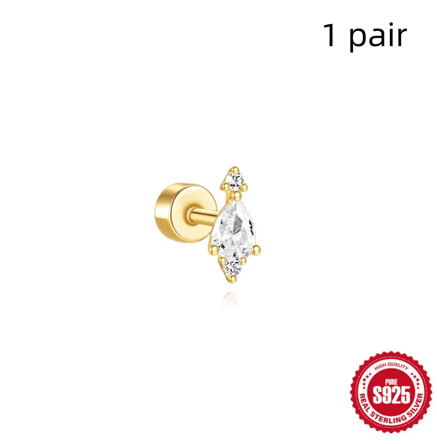 S925 sterling silver flat column geometric ear bone stud with threaded post in a gold colour finish.