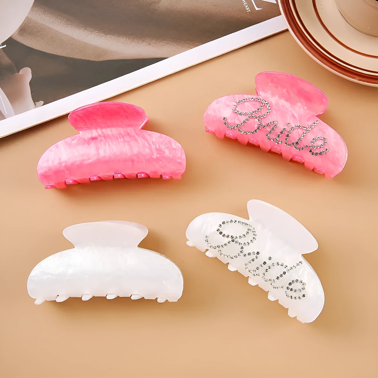 10cm pink and white acrylic hair barrette clips with multi-diamond spot drill and English letter decoration