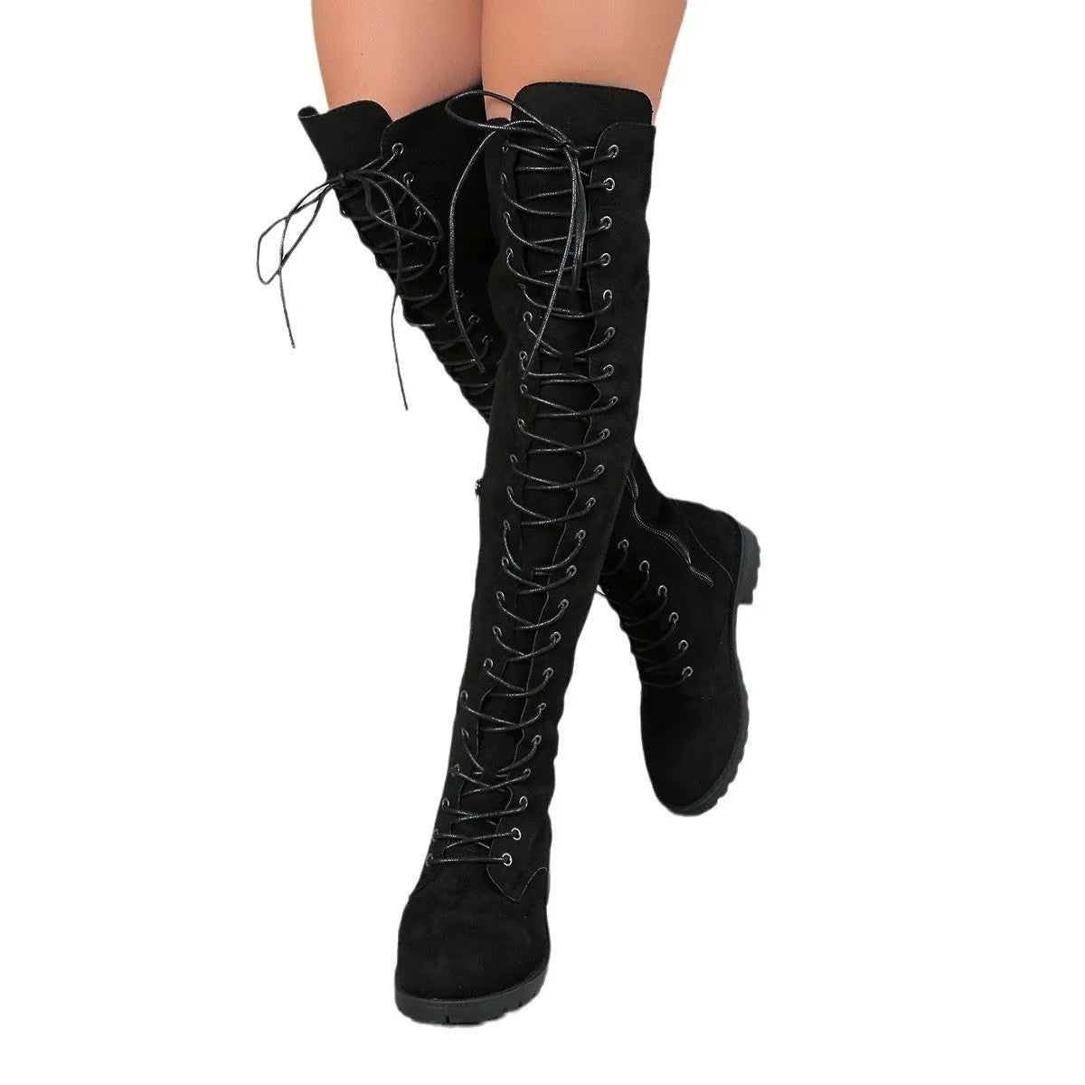 Black lace-up over-the-knee boots with round toe, flat rubber sole, and stitching detail.