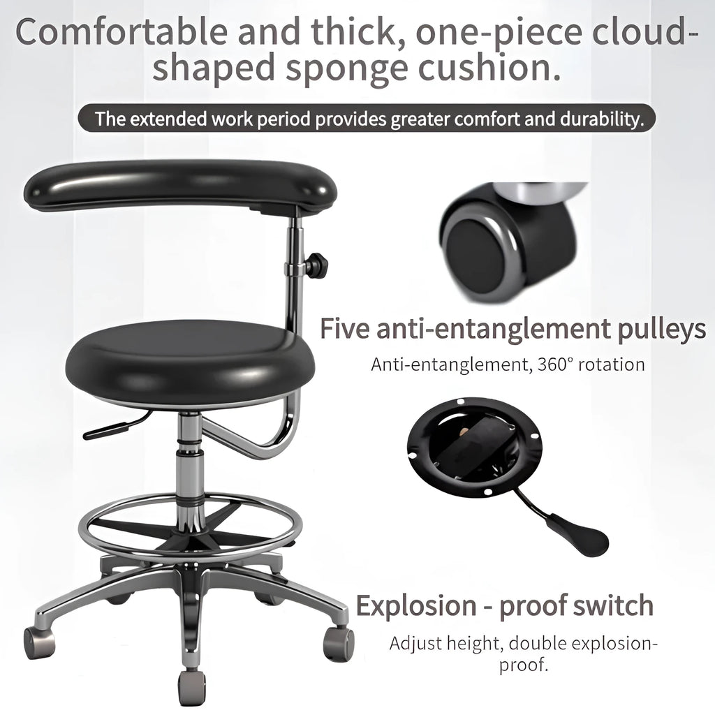 Black leather dental hospital chair with lift mechanism for height adjustment