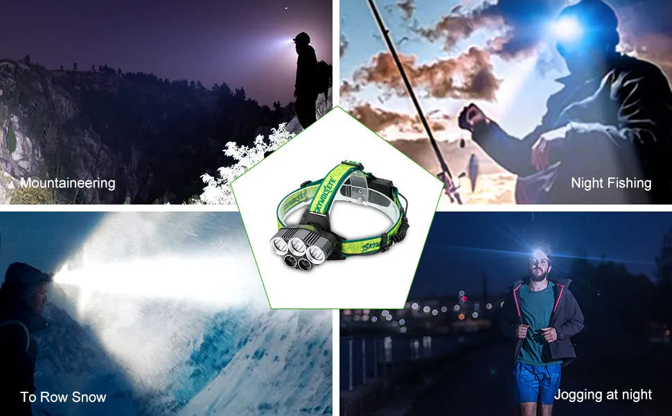 Yellow-green USB rechargeable headlamp with aluminium alloy housing and adjustable head strap.