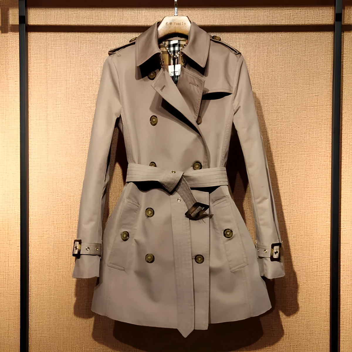 Khaki women's double breasted trench coat with flight sleeves showing button detailing