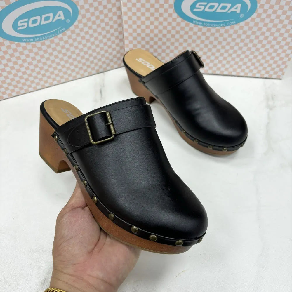 Women's black retro slippers with chunky block heel and metal rivet detailing on microfiber upper