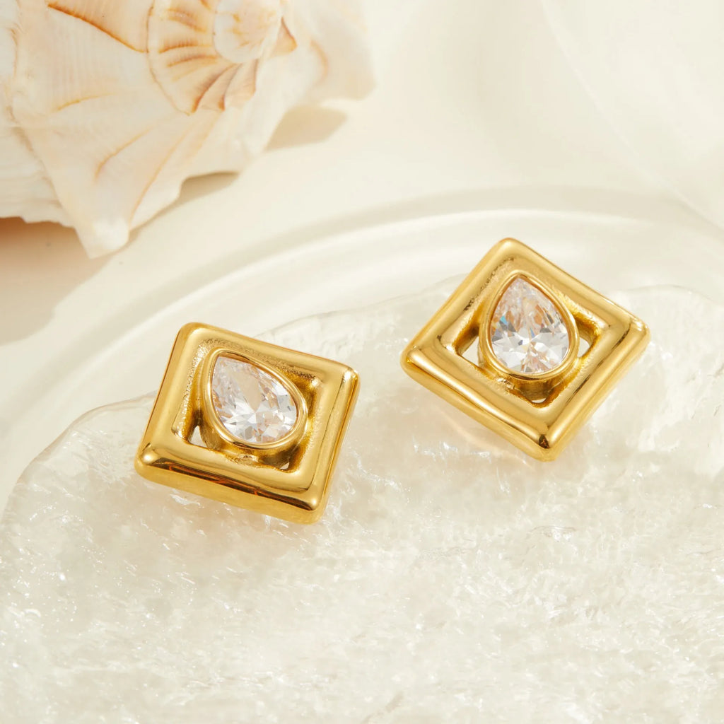 Gold geometric stud earrings with water drop zircon inlays on stainless steel with 18K electroplated finish