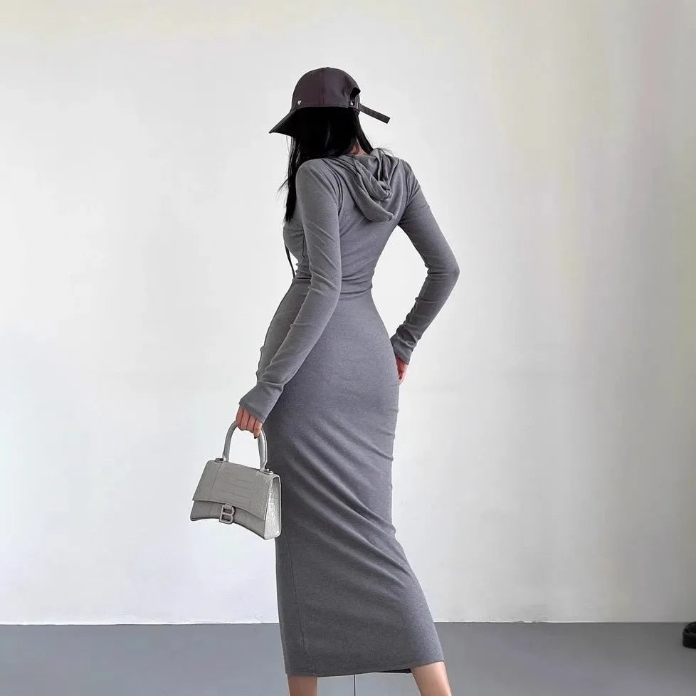 Women's grey hooded long sleeve sheath dress with a high waist on a hanger.