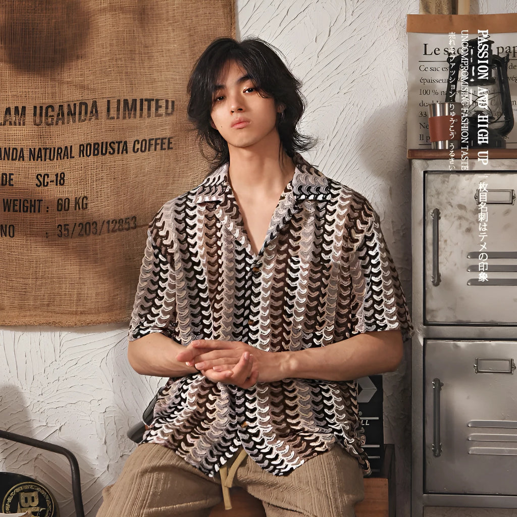 Japanese style Cuban collar short sleeve shirt in grey or red hollow jacquard polyester