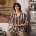 Japanese style Cuban collar short sleeve shirt in grey or red hollow jacquard polyester