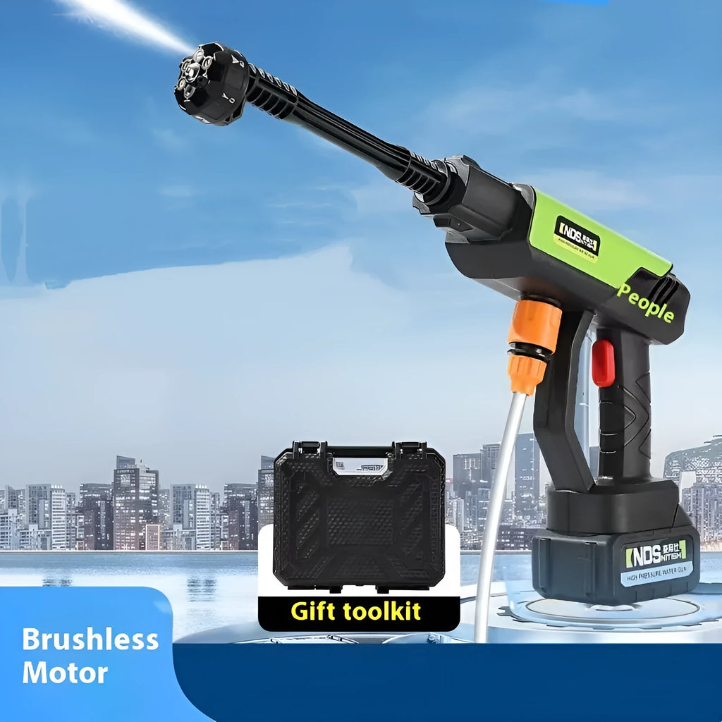 Green wireless high-pressure water gun with metal head and six-in-one nozzle, shown with extension rod and foam pot accessories.
