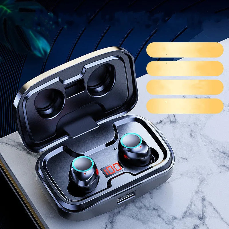 Black wireless Bluetooth in-ear earphones with private mould earplugs on a white background