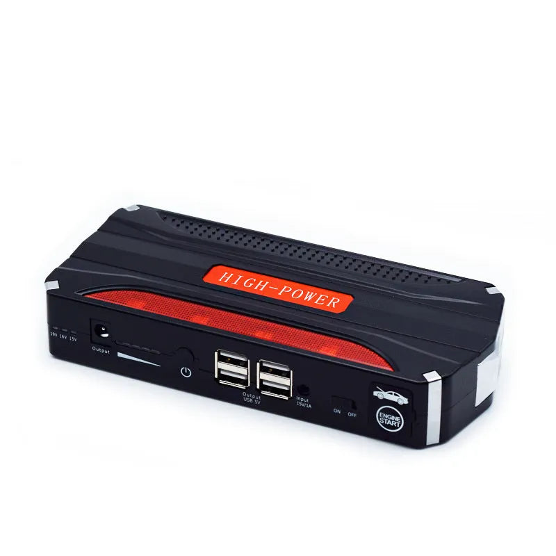 Black red 12V vehicle emergency starting power supply with 7800mAh battery and safety protection features